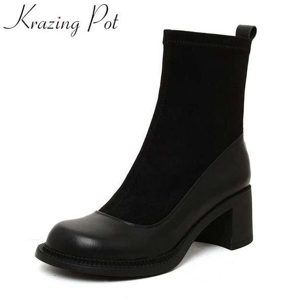 

krazing pot winter boots genuine leather round toe high zipper daily wear keep warm concise vacation stretch ankle boots l22, Black