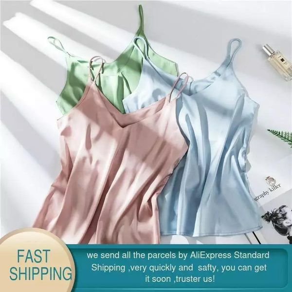 

two-sided v wearable satin imitation silk sling yoga vest women's short loose outer wear inner large size blouse bottoming shirt kg-100, White;red