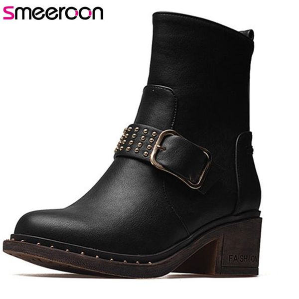 

smeeroon fashion med heels ankle boots autumn winter boots for women zip+buckle round toe pu leather, Black