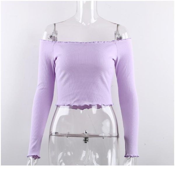 

nadafair pure knitting crop long sleeve women t-shirt 2020 pure ruffle off shoulder autumn slash neck sqcfwx, White