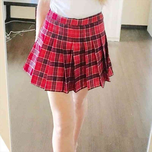 

summer women zipper high waist skirt school girl faldas pleated black plaid skirt red mini jupe femme