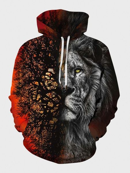 

men lion and tree print drawstring hoodie d6rg#, Black