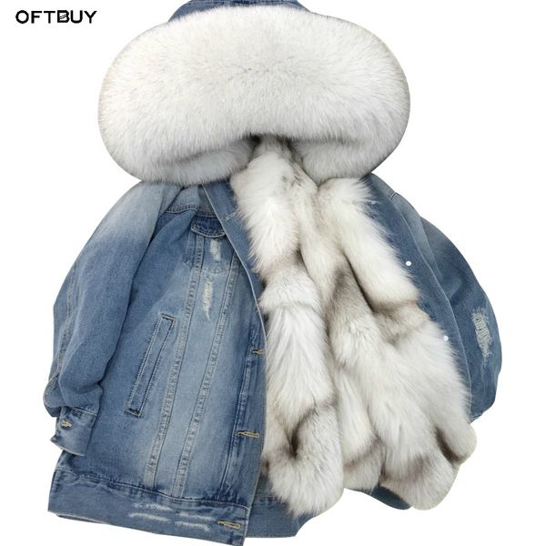 

oftbuy 2020 denim parka зимняя куртка женщин реального пальто шерсти природные ворота шерсти raccoon real толстые теплое fox fur liner верхн, Black