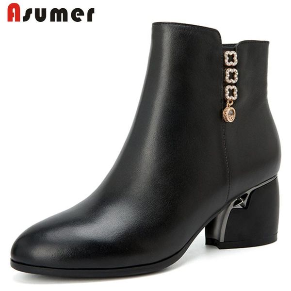 

boots asumer 2021 genuine leather women square heels autumn winter black zipper dress shoes ankle female