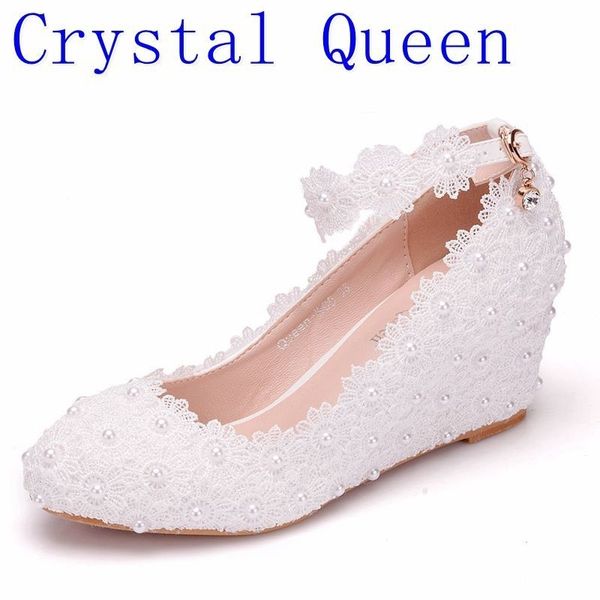 

crystal queen white flower wedding shoes lace pearl high heels sweet bride dress shoes beading wedges shoes 5cm women pumps y200323, Black