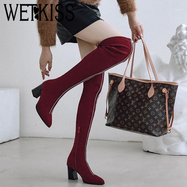 

wetkiss winter thick plush women over the knee boots solid simple boots pointed toe thick heel shoes casual keep warm high shoes1, Black