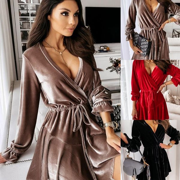 

velvet dress women v neck winter fall long sleeve dress vintage ladies drawstring a line mini dresses party club wear d30, Black;gray