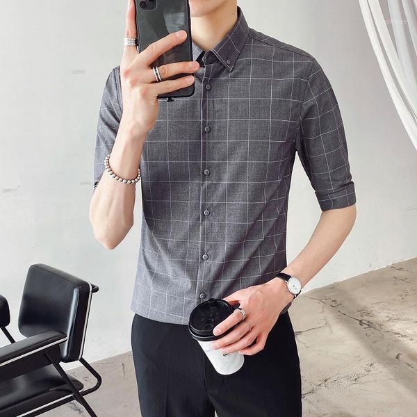 

2020 plaid shirt men gray black white business casual button slim fit shirt camisa masculina1, White;black