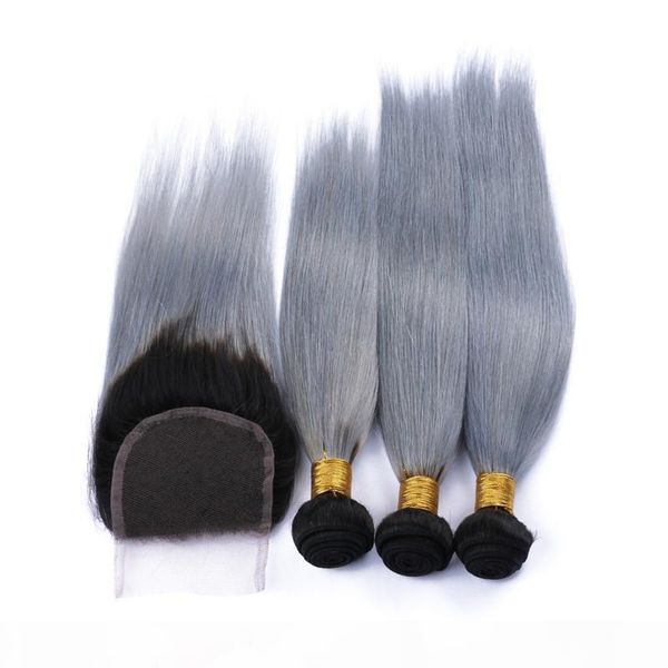 

malaysian silver grey ombre human hair with closure 4pcs lot #1b grey ombre malaysian straight hair 3bundles with 1pc 4x4 lace closure, Black