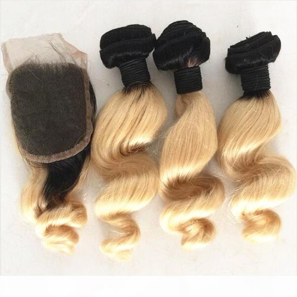 

loose wave blonde hair with lace closure two tone 1b 613 ombre loose curly wave hair with lace closure with baby hair, Black;brown