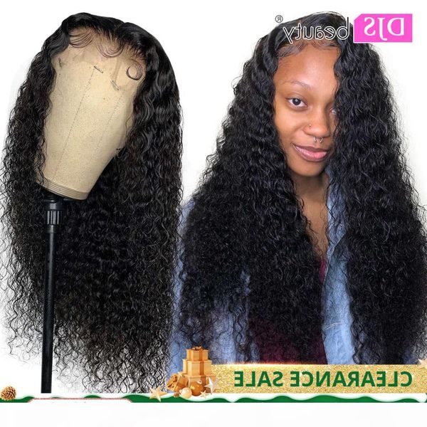 

13x4 front human hair deep wave frontal wig pre plucked lace for black women remy 24 inch curly wigs, Black;brown