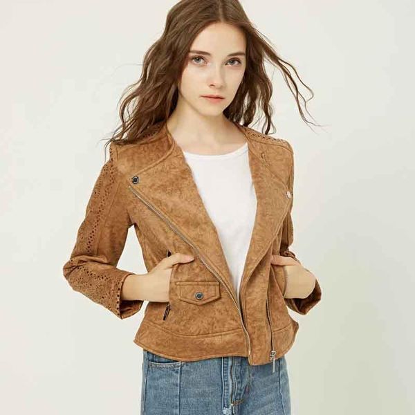 

klacwaya 2020 autumn women faux suede leather biker jackets long sleeve zipper suede streetwear hollow out brown coat, Black;brown