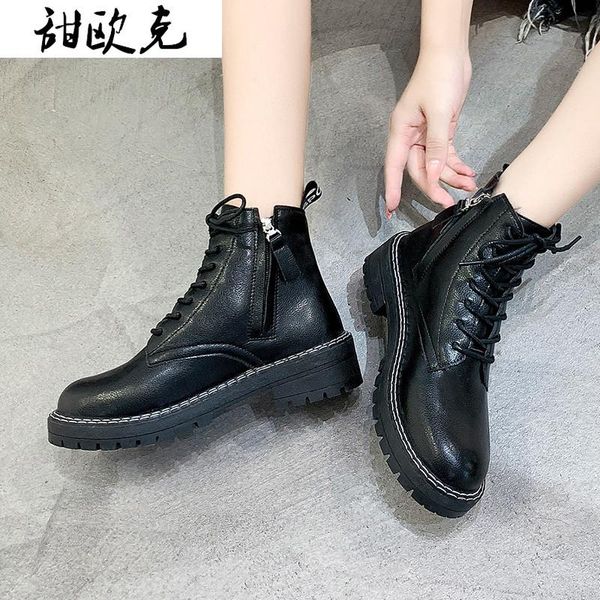 

fall 2020 new women's boots women's black square heel motorcycle boots round head ankle cross strap