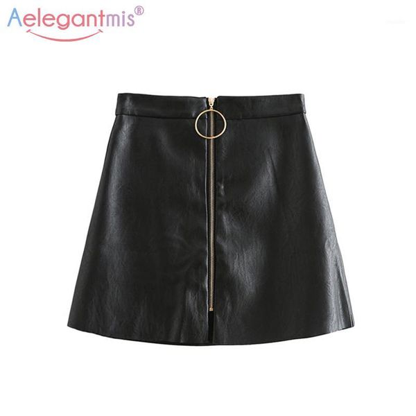 

aelegantmis spring summer casual pu leather skirt women elegant zipper mini a-line skirt lady skinny high waist skirts black1, Black