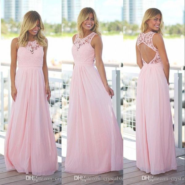 Günstige Empire Country Baby Rosa Spitze Brautjungfernkleider Jewel Neck Hohlrücken Chiffon Illusion bodenlangen langen Sommer Hochzeitsgästekleider