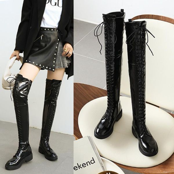 

women over-the-knee boots plus size 22-26.5cm autumn and winter plush warm cross straps buckle skinny boots thigh high1, Black