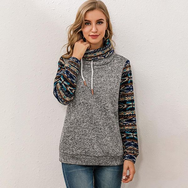 

women sweatshirt vintage printed splicing turtleneck pocket brushed pullover shirts blouse soft casual female blusas mujer, Black