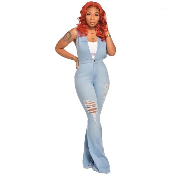 

fashion casual women summer jumpsuit streetwear female rompers denim overalls hole flare pants playsuit women slim jumpsuits1, Black;white