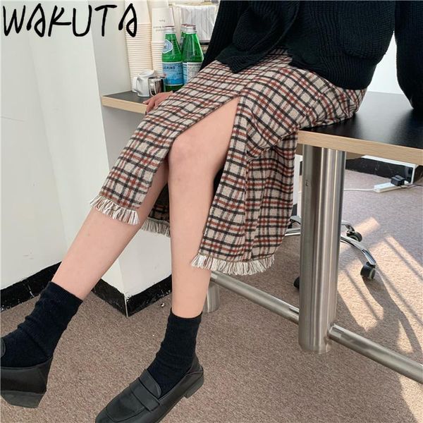 

skirts wakuta women tassel skirt spring warm high split plaid ladies waist korean style 2021 elegant vintage long, Black