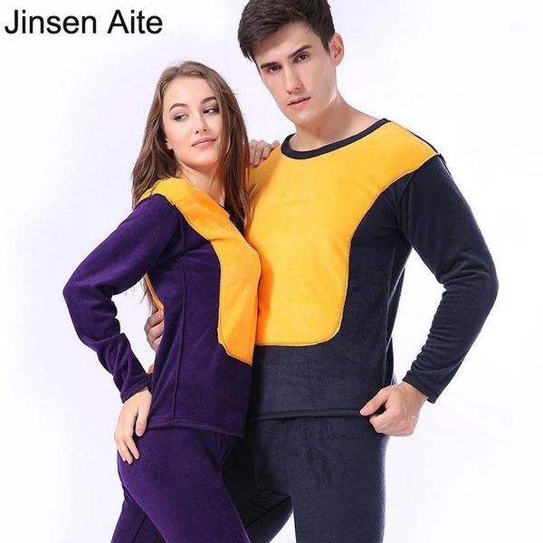 

jinsen aite new arrival winter men's long johns cotton warm thickening fleece bottom women couple thermal underwear set js6631, Black;brown