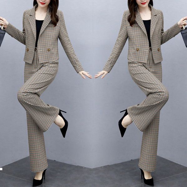 

xadrez 2021 new feminino primavera e estilo coreano temperamento moda perna larga calas de duas peas terno y483 fkm7, Gray