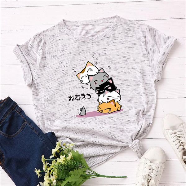 

summer women t shirt plus size 100% cotton lovely cat cartoon vintage female t shirt short sleeve harajuku tees, White