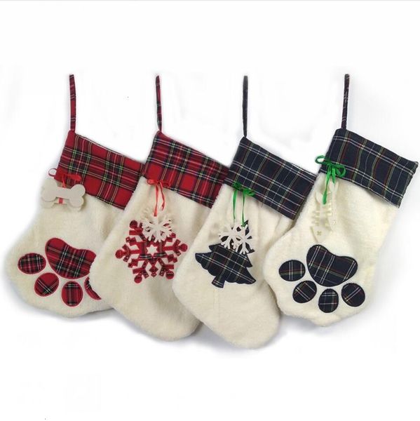 

snowflake paw socks pet stocking dog plaid xmas tree printting hanging pendant fireplace christmas e
