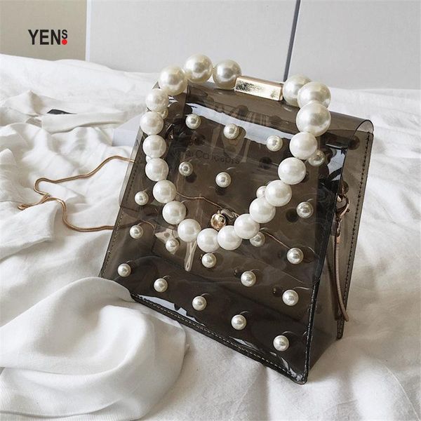 

бесцветная прозрачные сумки пвх crossbody для женщин 2020 pearl ручки clear jelly сумки лето малого плеча мешок женской мини-сумки