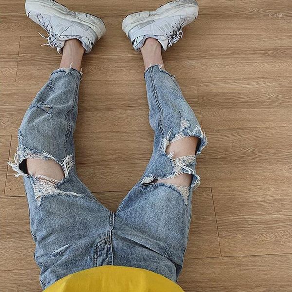 

wholesale 2020 fashion denim hip hop cowboy beggar pants boys holes pants vibrato brand port style loose straight jeans men1, Blue