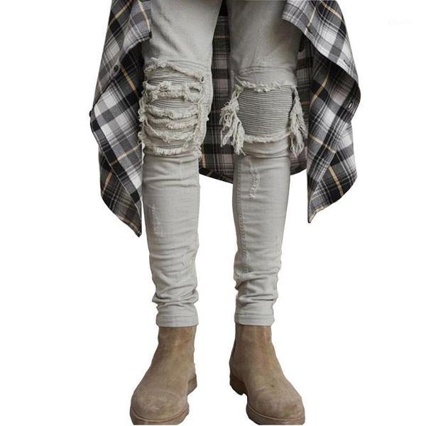 

skinny jeans men ripped white black slim stretch hole distressed mens biker jeans medium wash streetwear hip hop pants jogger1, Blue