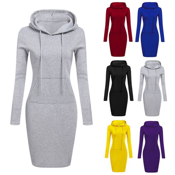 

9 colour autumn and winter women knee length casual hooded pencil hoodie long sleeve sweater pocket bodycon tunic dress s-2xl, Black;gray