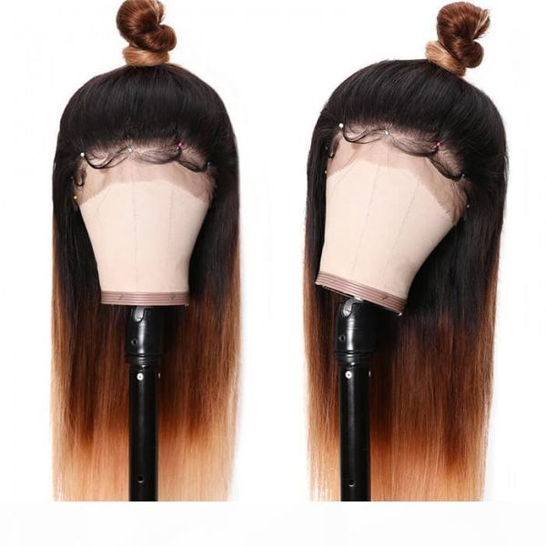 

tkwig t4-27 ombre lace 13-4 straight lace front 150 density human hair 12-24 inch hair series, Black;brown