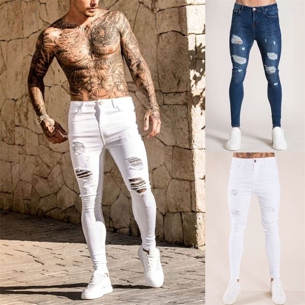 Mens de cor sólida calça jeans nova moda slim lápis calças sexy casual buraco rasgado design designer legal, branco azul 30h 201111