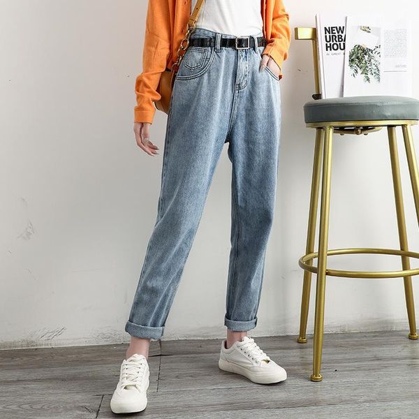

fashion smoke gray jeans mujer women's trousers high waist loose dad pants new soft cowboy pants with pocket 2colors button fy1, Blue