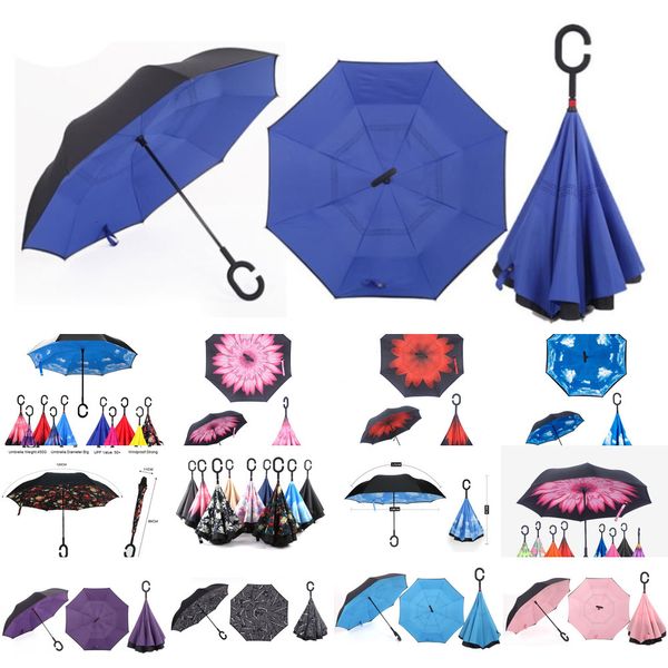 

folding reverse umbrella double layer inverted windproof umbrellas self stand rain protection c-hook hands for car 4 nrbru