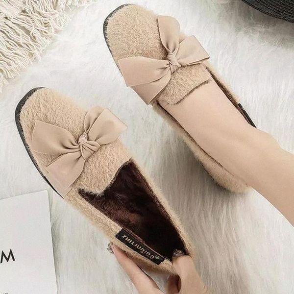 

fur warm women winter shoes furry loafers large size slip on plush ballet flats casual bow moccasins lady footwear zapatos mujer #xy1l