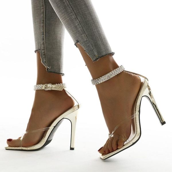 

summer women high heels transparent sandals luxury rhinestones open toe party wedding sandals ankle strap stiletto ladies shoes, Black