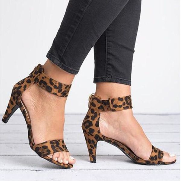 

summer leopard sandals women stiletto open toe gladiator sandals ladies big size mid heels casual retro shoes zapatos mujer, Black