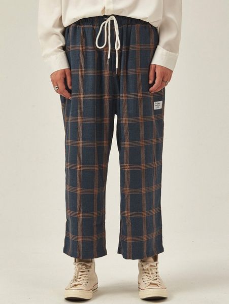 

extended sizes men plaid print drawstring waist patched pants u2cl#, Black