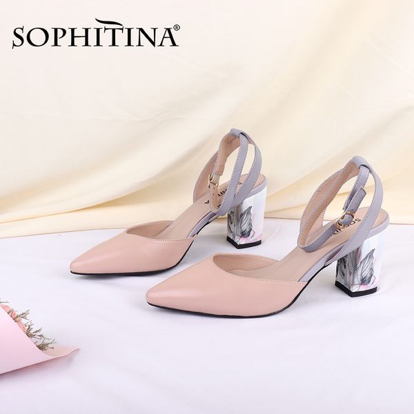 

sophitina women's pumps sheepskin fashion printing flower square heel slingback shoes buckle new elegant pumps c645 y200702, Black