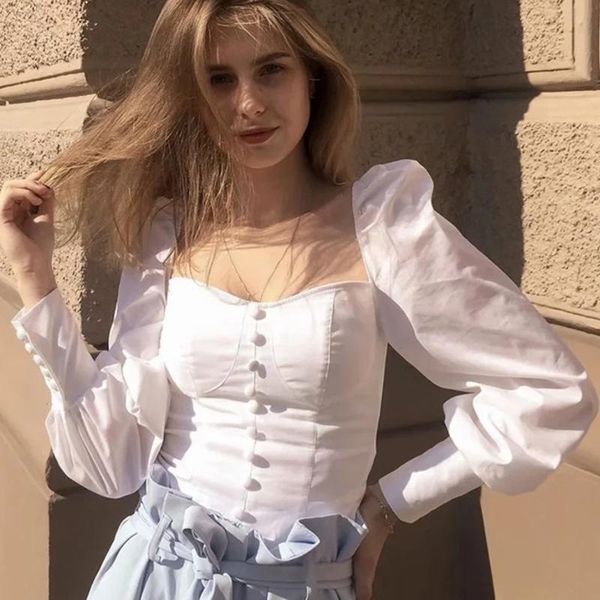 

women's blouses & shirts vintage women buttons lantern sleeve slim blouse autumn elegant lace up backless ladies square collar feminina, White