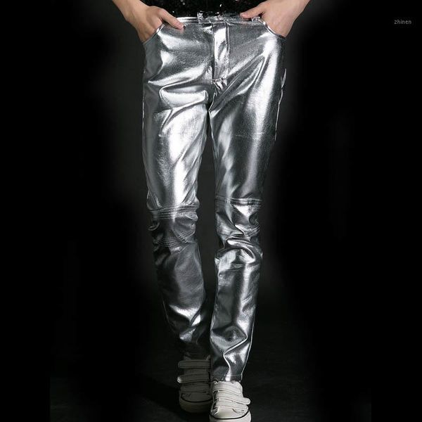 

new arrival silver men's singer cool male fashion pants night club party pu slim fit trousers plus size1, Black