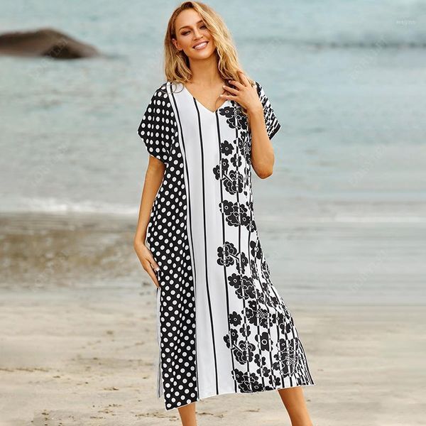 

striped polka dot printed v-neck short sleeve self belted side split loose summer dress beach tunic women plus size dress n11651, Black;gray