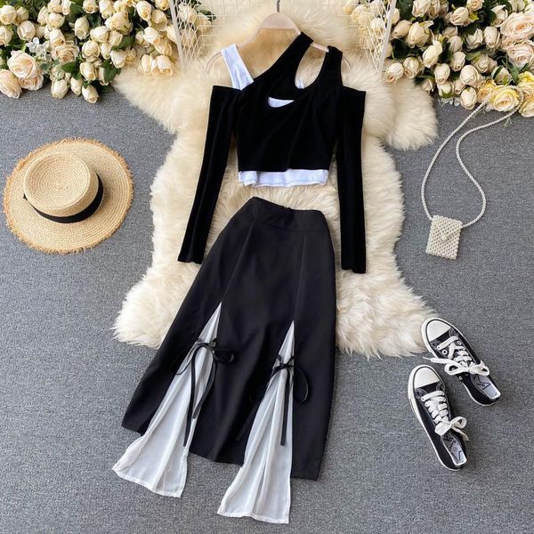 

street casual chic faux two-piece patchwork long sleee t-shirt and high waist bust skirt one set, Gray