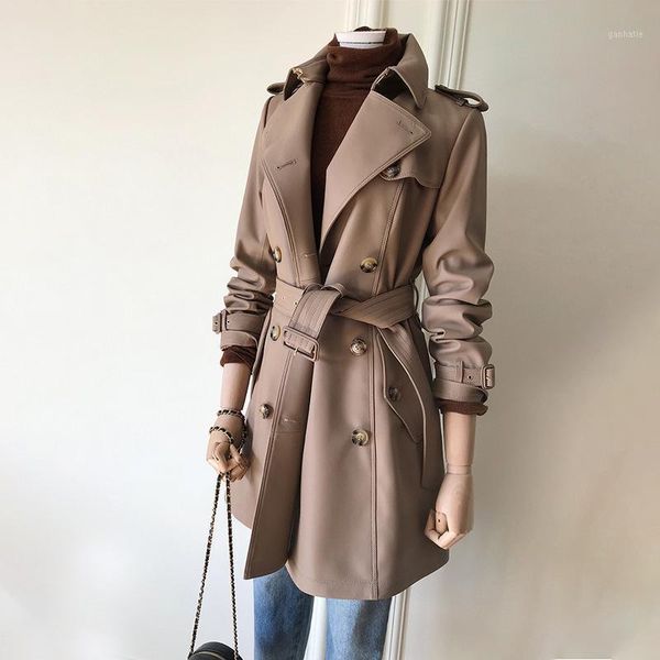 

scarce town shop ~ classic long trench coat sheep skin leather leather coat female 2021 autumn and winter1, Black