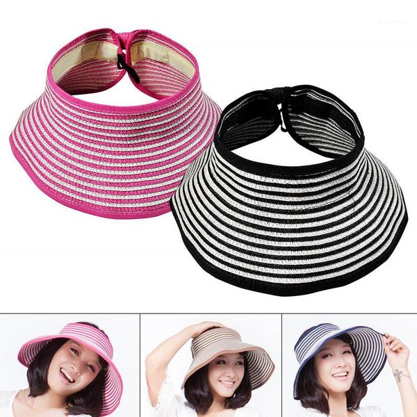 

women beach hat wide brim striped empty foldable sunshade cap for outdoor xrq881, Blue;gray