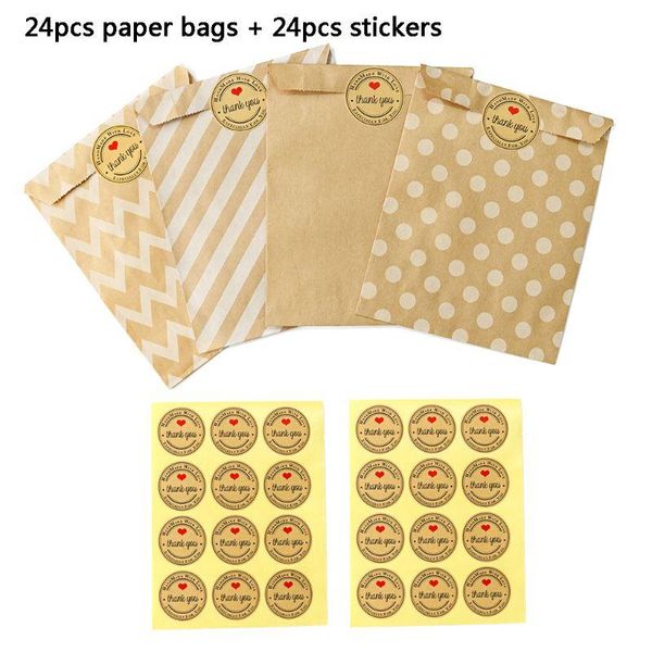 

24 stickers+24 pcs kraft paper bags treat candy one time bag quality