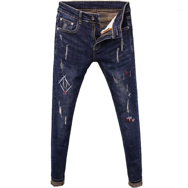 

2020 fashion casual stitching decorative denim jeans men's spring autumn hip hop slim stretch skinny pants men1, Blue