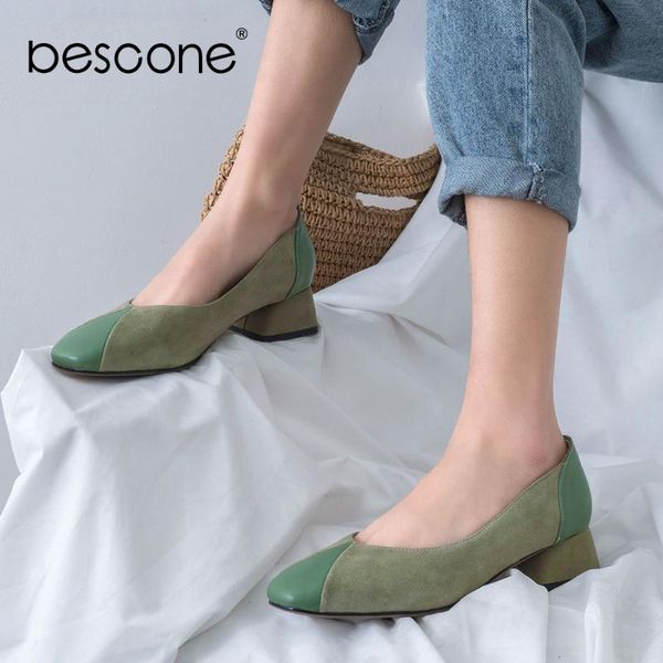 

bescone concise women' s pumps patchwork design shallow slip-on cow leather attractive shoes square toe pumps bo572, Black