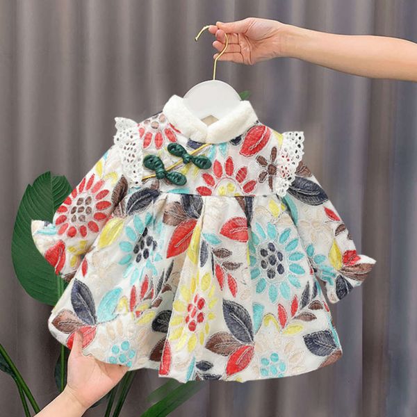 

embroidered girls' winter with plush collar princs skirt super fairy chine new year drs, Red;yellow